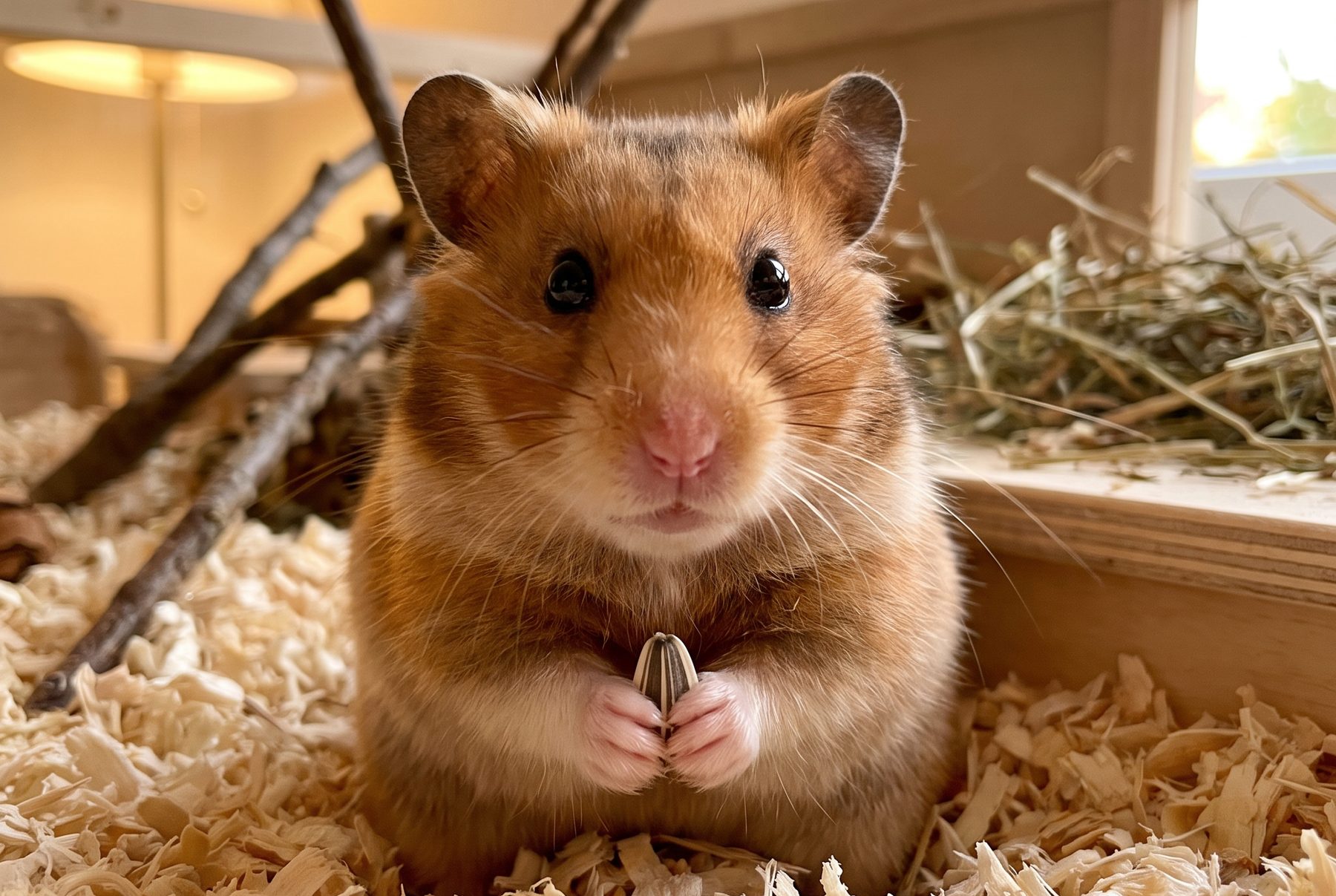 Gesunder Goldhamster mit einem Sonnenblumenkern – das Gewicht des Hamsters jede Woche kontrollieren