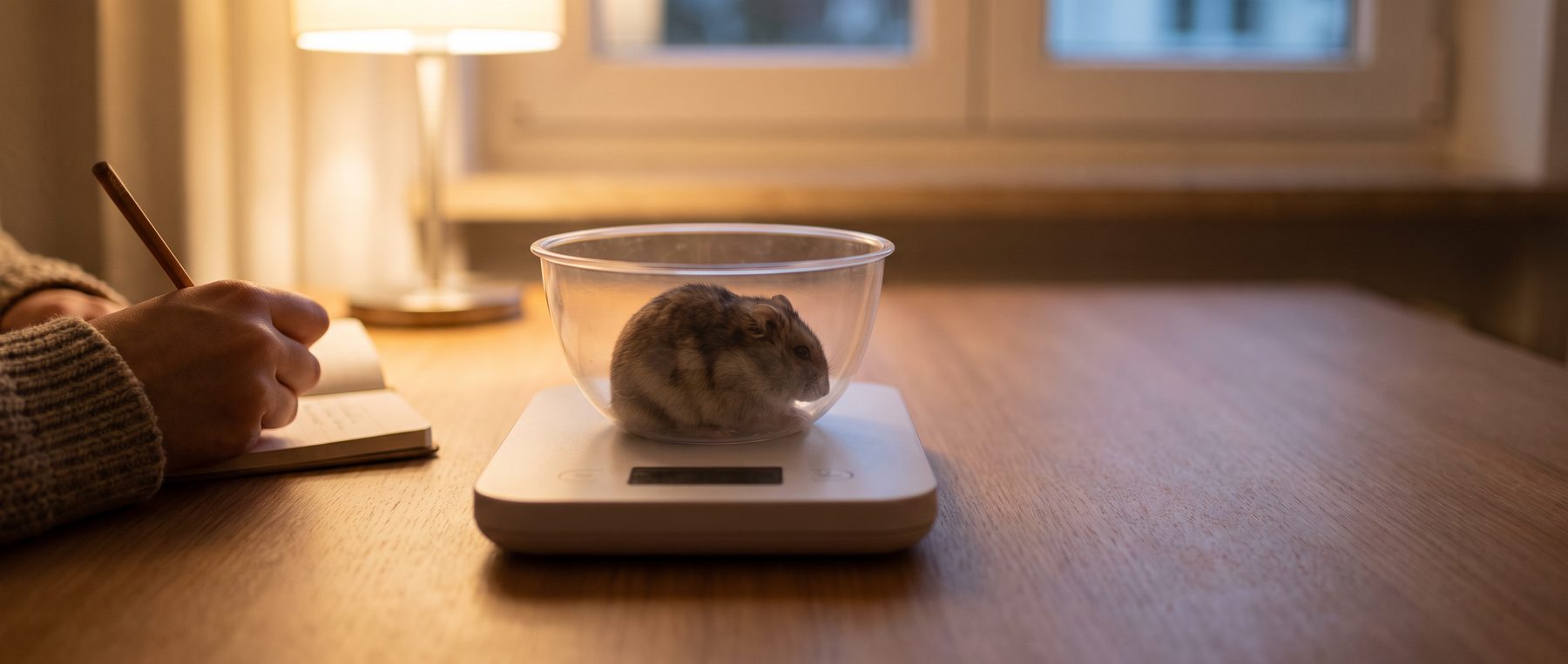 Zwerghamster sitzt in einer Schale auf der Küchenwaage, daneben ein Notizbuch – das Gewicht des Hamsters wöchentlich kontrollieren