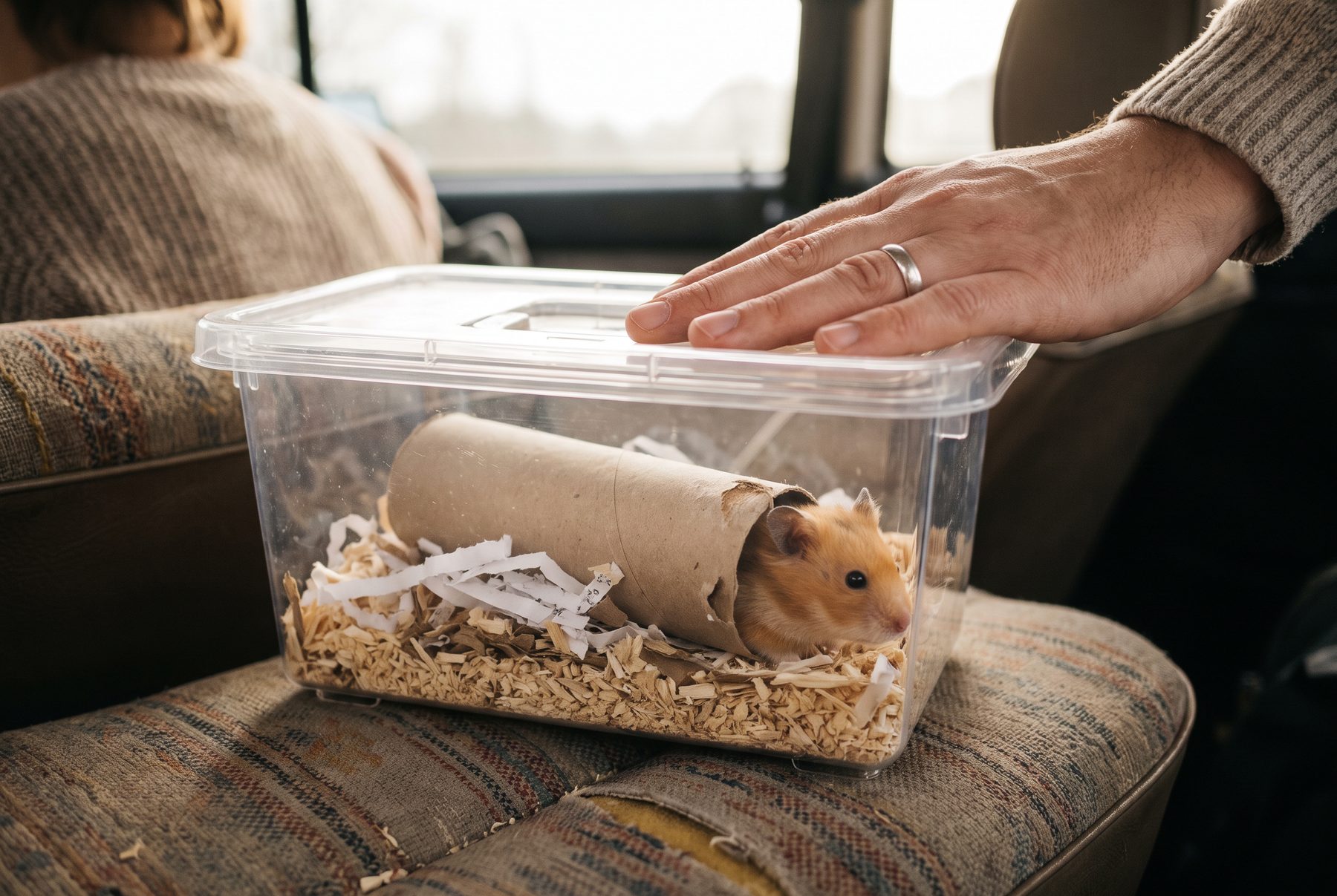 Hamster in einer kleinen Transportbox mit Einstreu und Papprolle – ein Hamster in Kältestarre gehört nach dem Aufwärmen in die Praxis