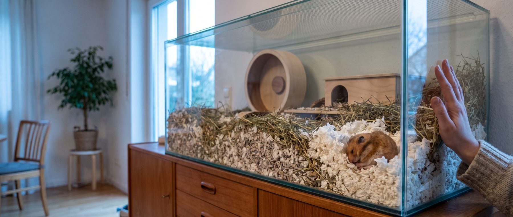 Goldhamster liegt reglos in seinem Nest im großen Gehege, eine Hand liegt an der Scheibe – Winterschlaf oder Kältestarre beim Hamster?
