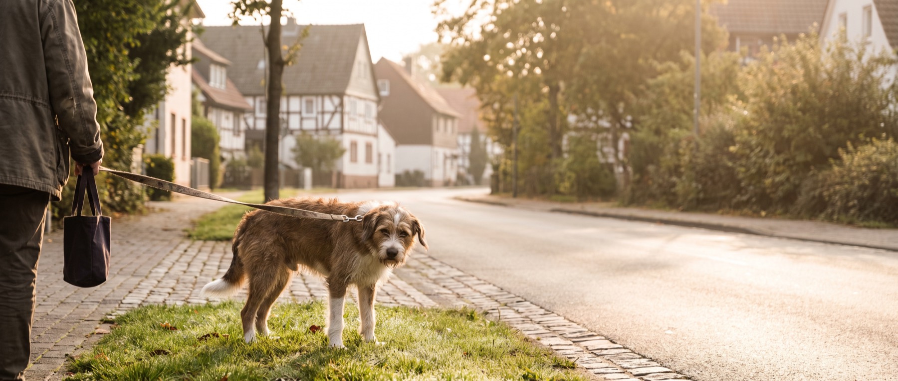 Hund an der Leine steht am Grünstreifen einer ruhigen Straße – bei Durchfall beim Hund zählt, wie lange er anhält