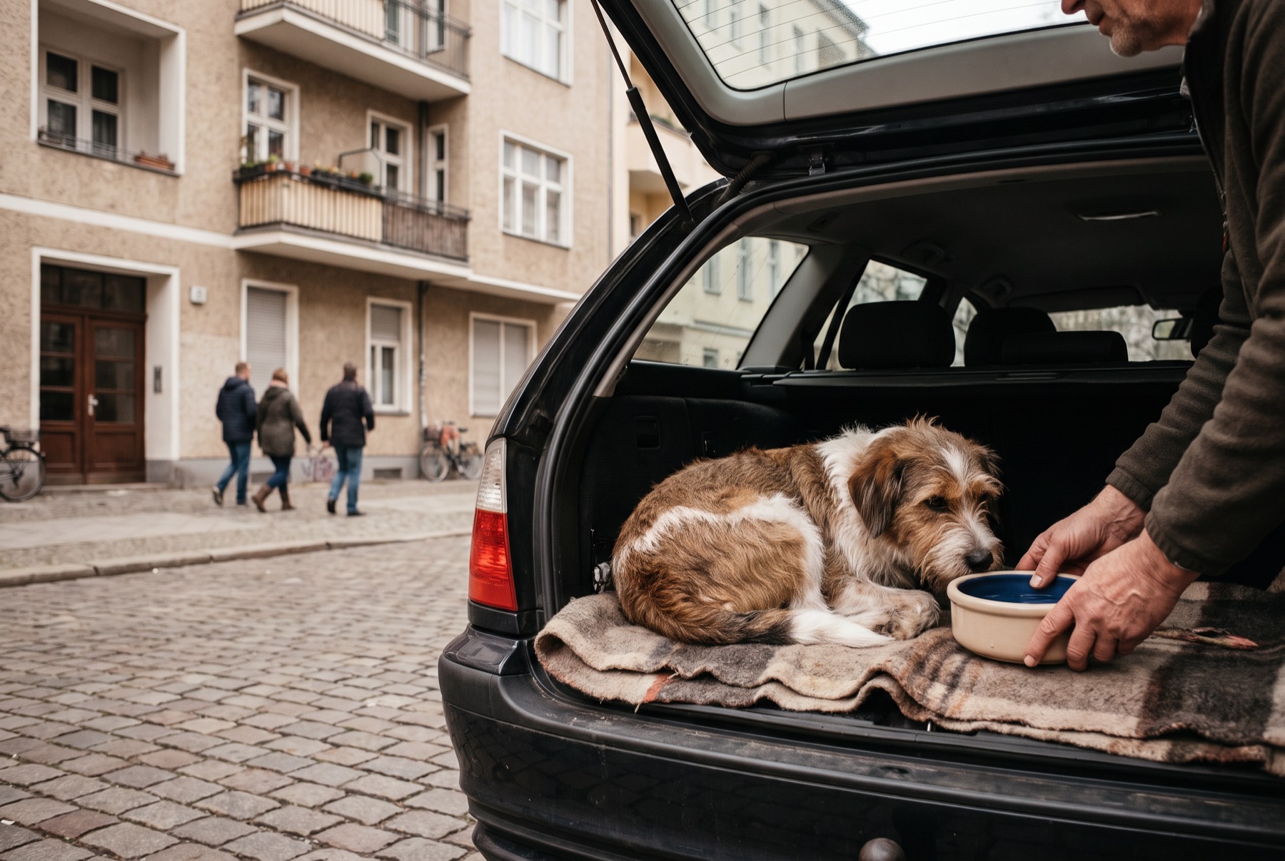 Hund liegt ruhig auf einer Decke im Kofferraum, daneben eine Wasserschale – vorbereitet für den Tierarzt, wenn der Hund nicht frisst