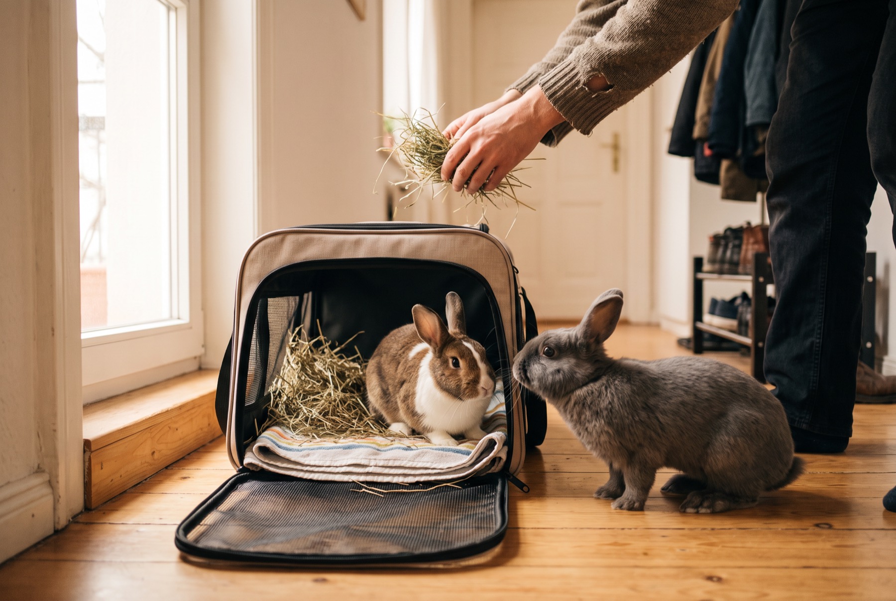 Kaninchen in der Transportbox mit Heu, das Partnertier daneben – so geht es zum Tierarzt, wenn das Kaninchen nicht frisst