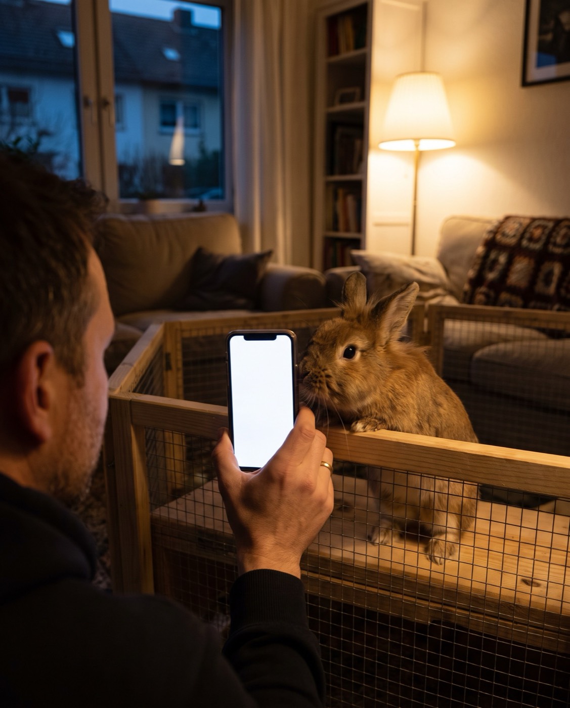 Hand mit Smartphone am Kaninchengehege – die Tierakte führt das Kaninchen-Gewicht als Kurve