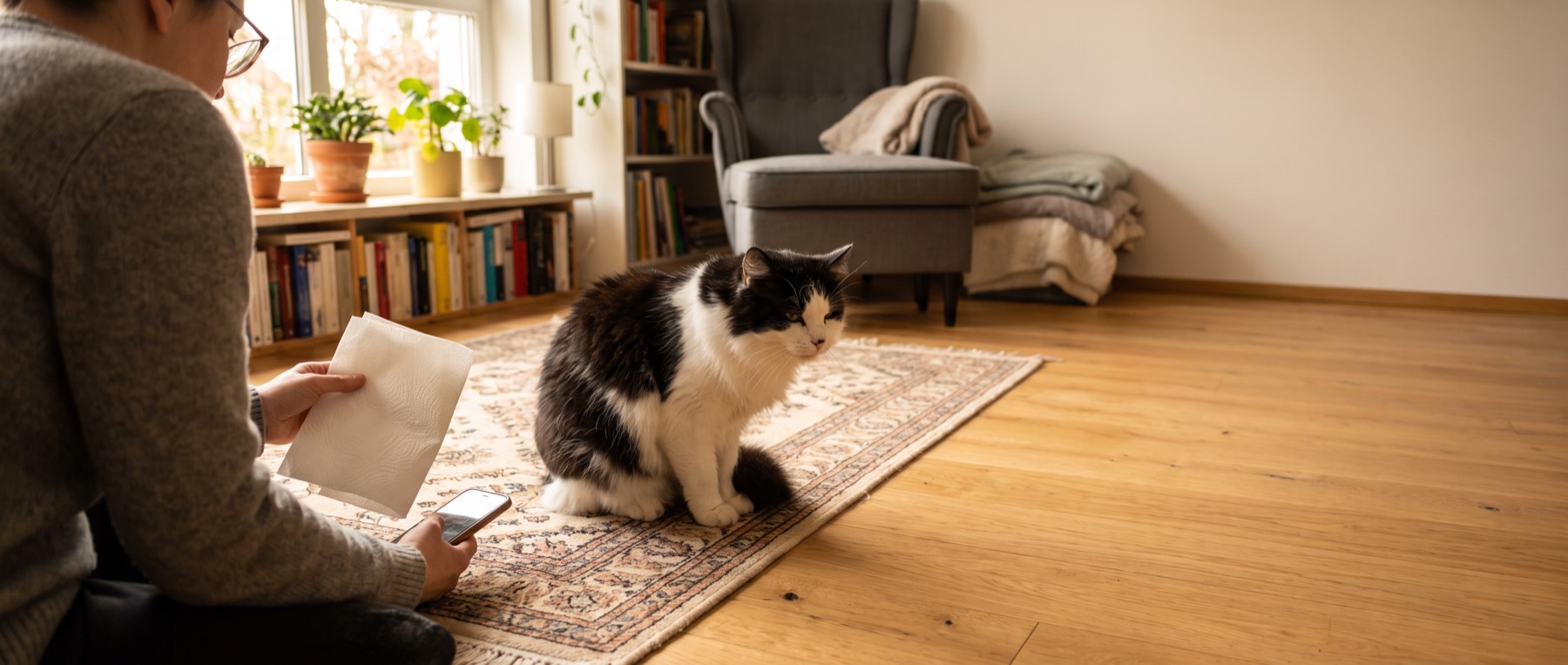 Schwarz-weiße Katze sitzt zusammengekauert im Wohnzimmer, daneben die Halterin mit Telefon – wenn die Katze erbricht, zählt, was dazukommt