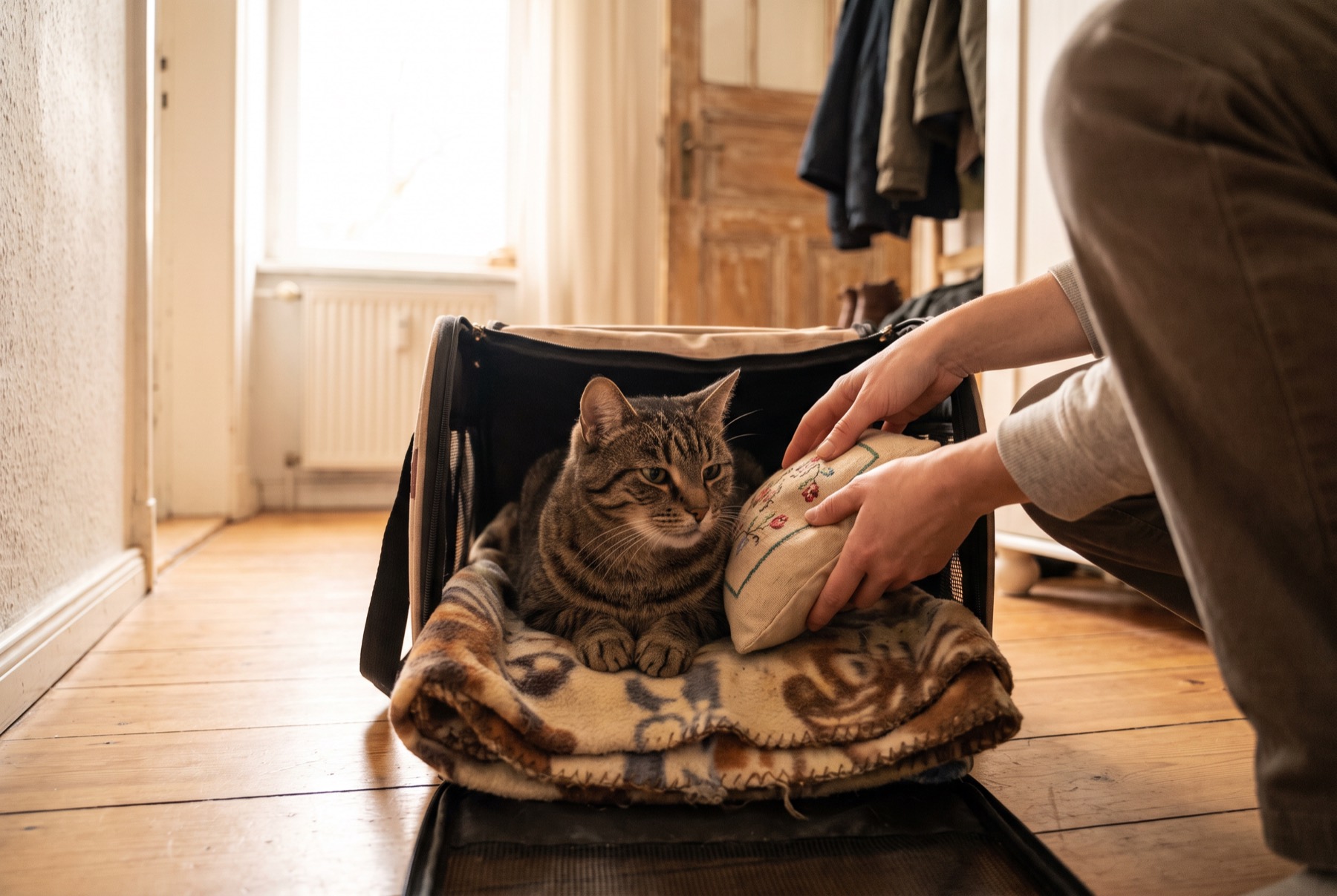 Katze in der Transportbox auf einer vertrauten Decke – vorbereitet für den Tierarzt, wenn die Katze erbricht