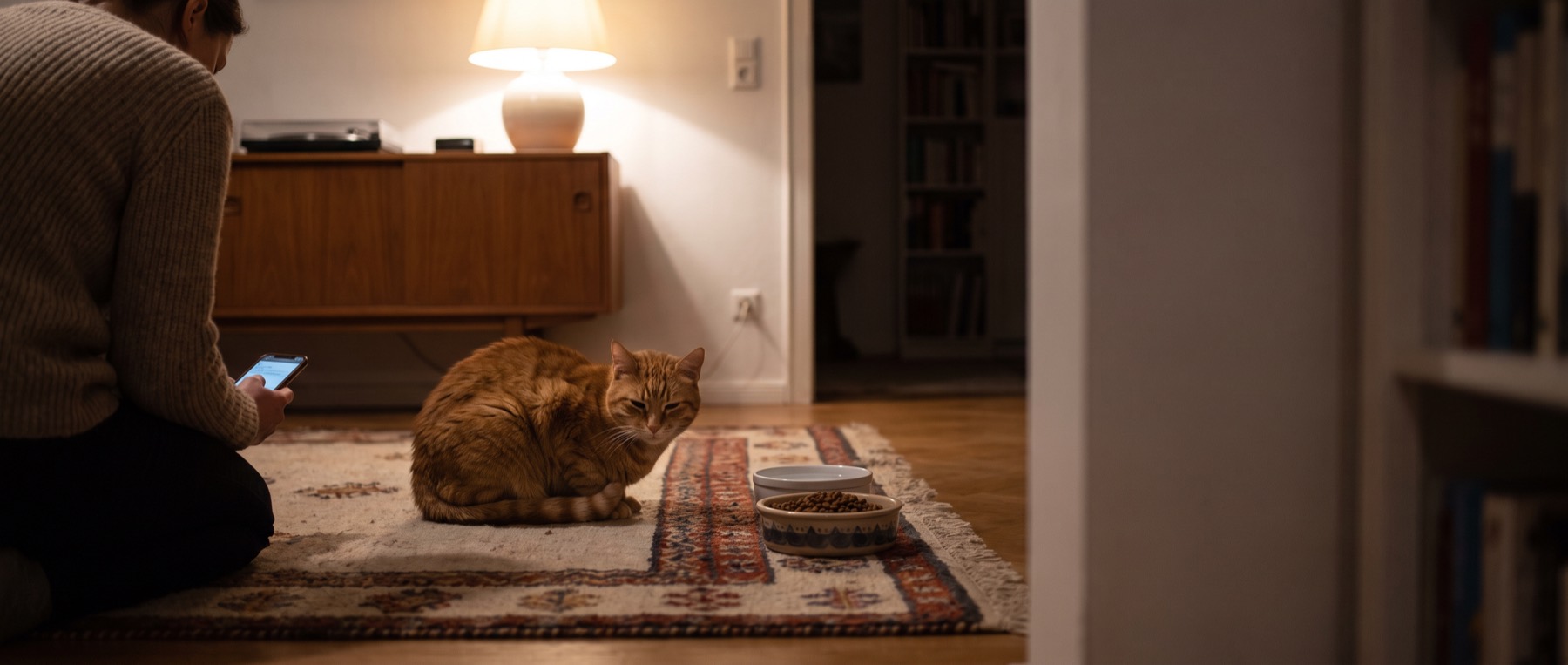 Katze liegt zurückgezogen neben vollem Futternapf – wenn die Katze nicht frisst, gehört sie rasch zum Tierarzt