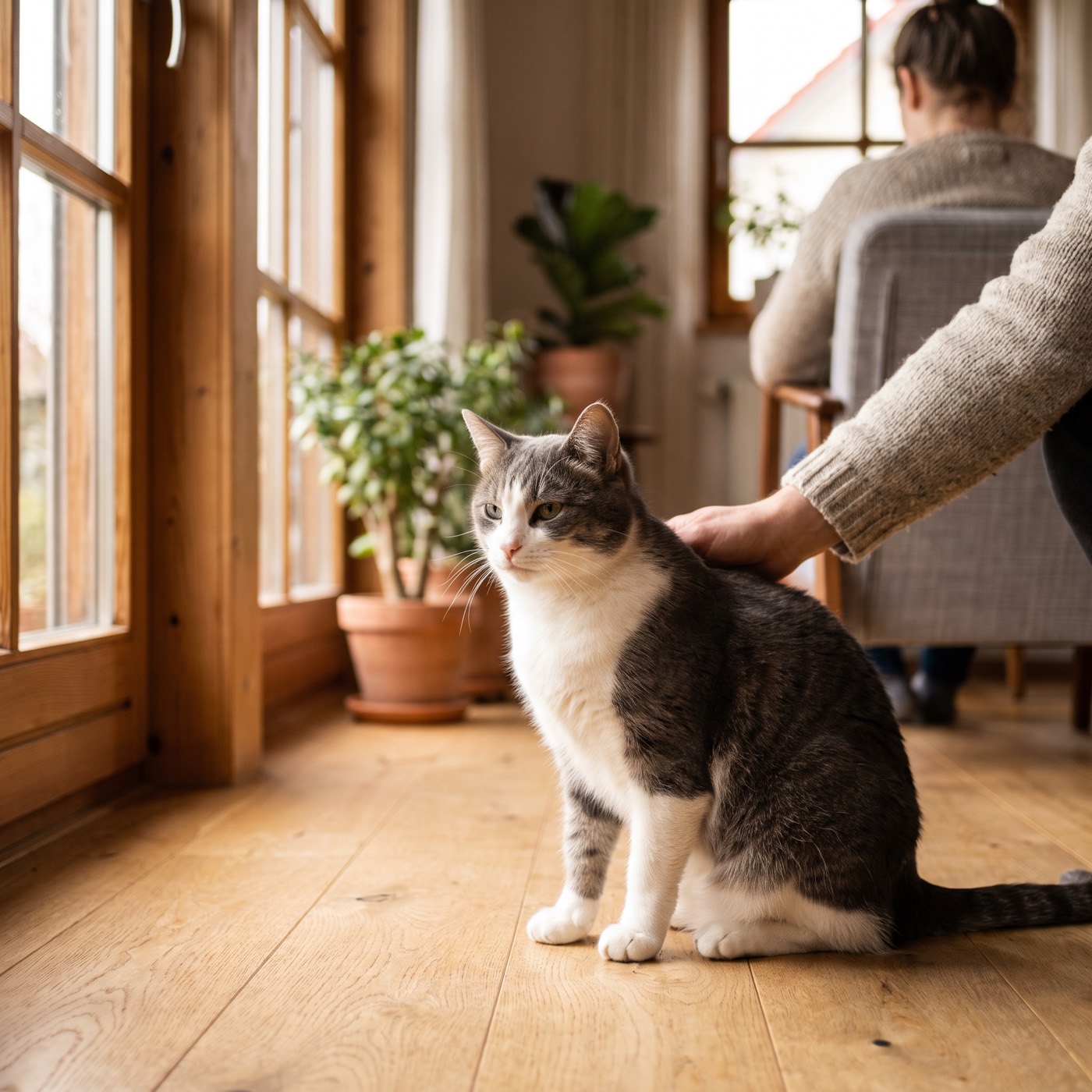 Grau-weiße Katze im Wohnzimmer – Gewicht und Gesundheit der Katze im Blick mit der Tierakte