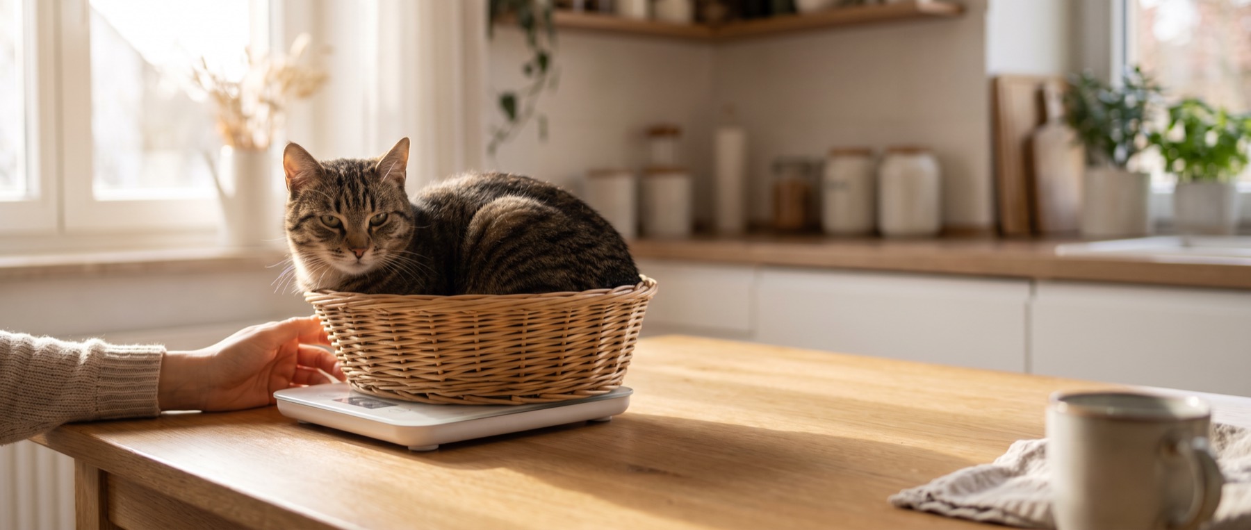 Getigerte Katze sitzt im Korb auf der Babywaage – so lässt sich das Gewicht der Katze genau kontrollieren