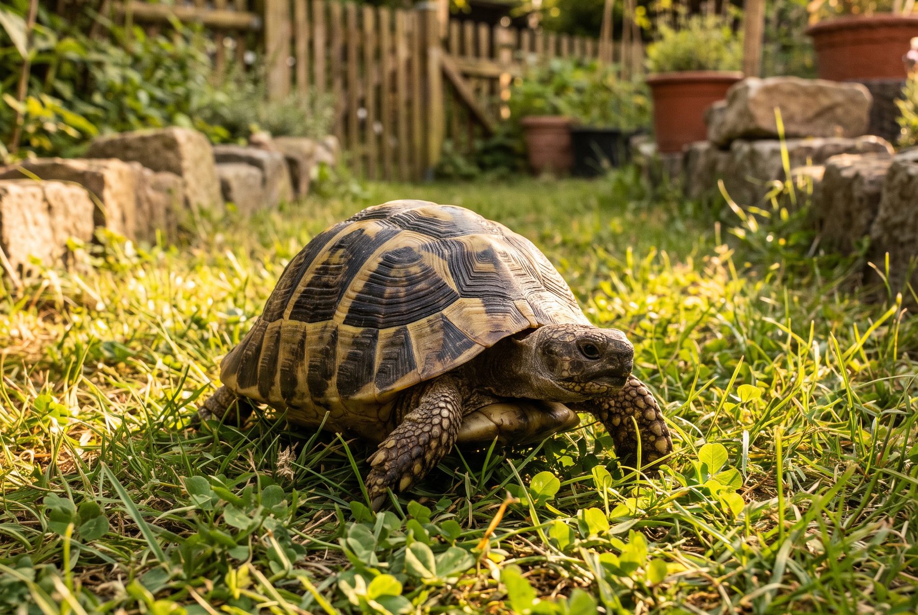 Griechische Landschildkröte im Freigehege – ihr Gewicht beurteilt man nach Panzerlänge und Körperzustand, nicht nach dem Alter