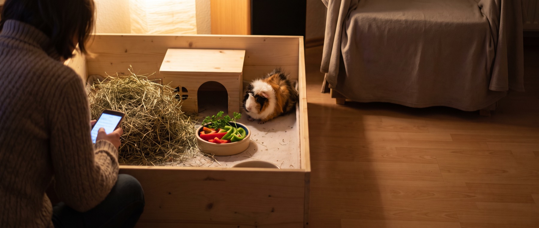 Meerschweinchen sitzt zusammengekauert neben unberührtem Gemüse und Heu – wenn das Meerschweinchen nicht frisst, ist es ein Notfall