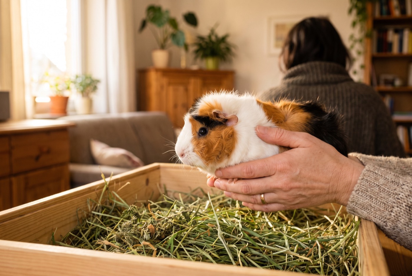 Meerschweinchen in den Händen über Heu – Meerschweinchen-Gewicht und Gesundheit im Blick mit der Tierakte