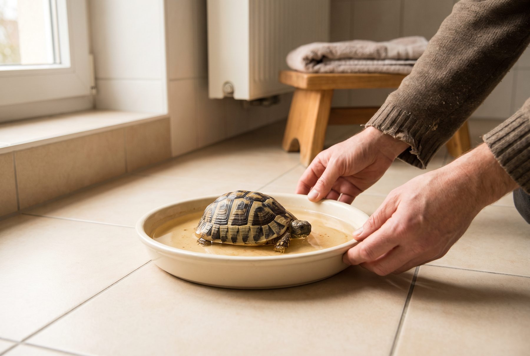 Landschildkröte im lauwarmen Bad nach der Winterstarre – zweimal täglich baden hilft beim Aufwachen